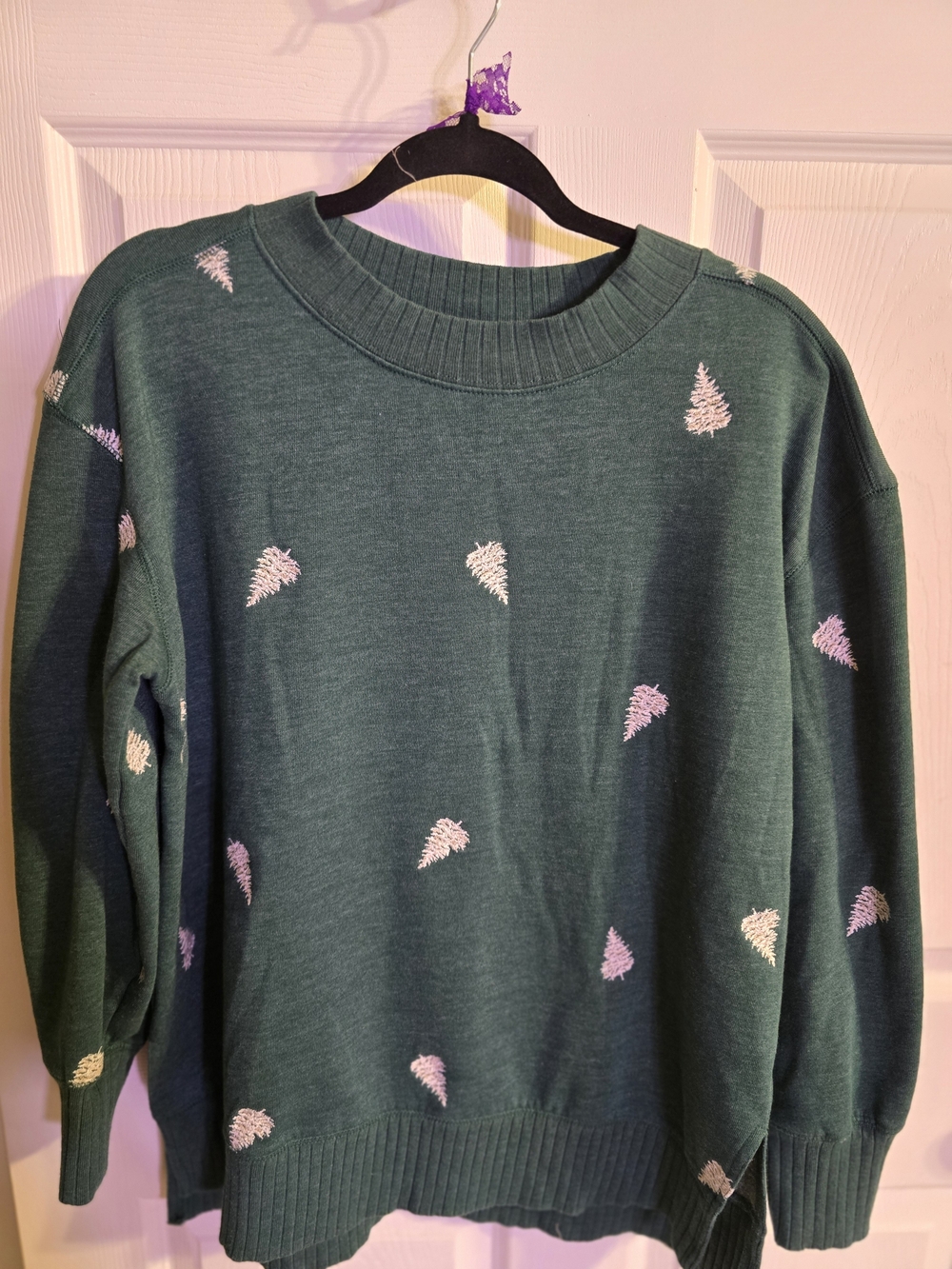 Maurices Forest Green Crewneck Sweater with Pink Tree Accents